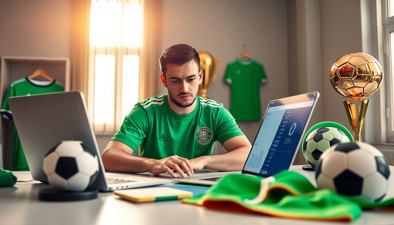 Soi kèo bóng đá với người phân tích thông tin trên máy tính và đồ vật thể thao xung quanh